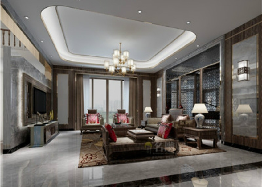 自建房别墅设计，柳州装修助手装饰新中式客厅装修设计作品