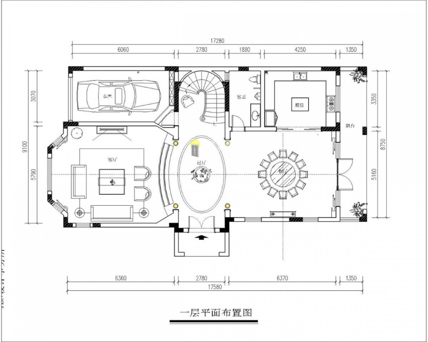 中式三层别墅设计：一层平面布置图