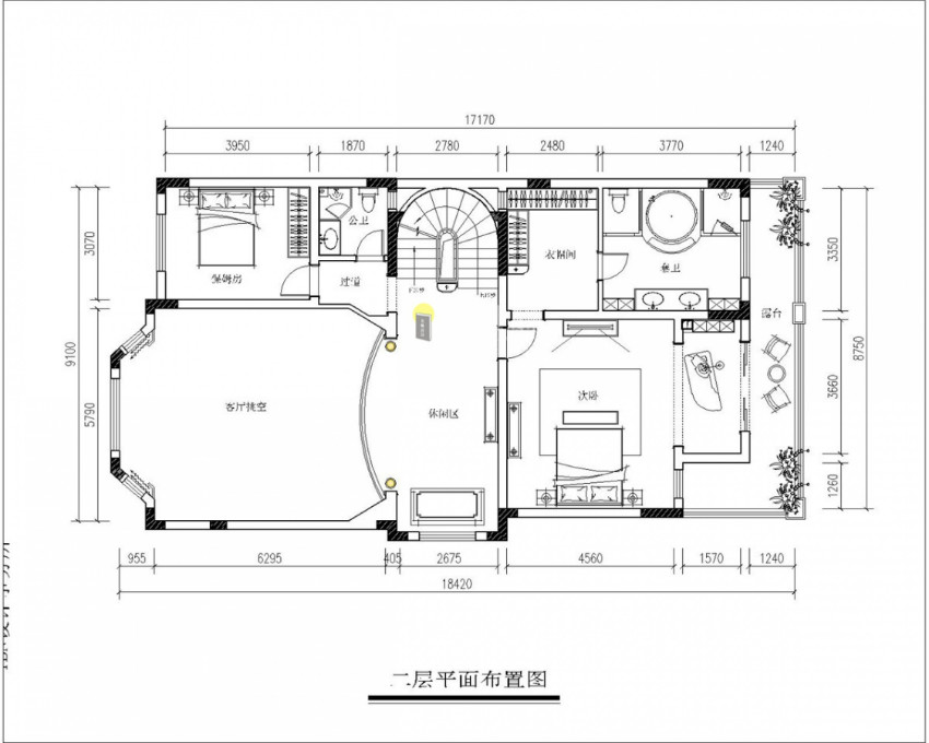 中式三层别墅设计：二层平面布置图